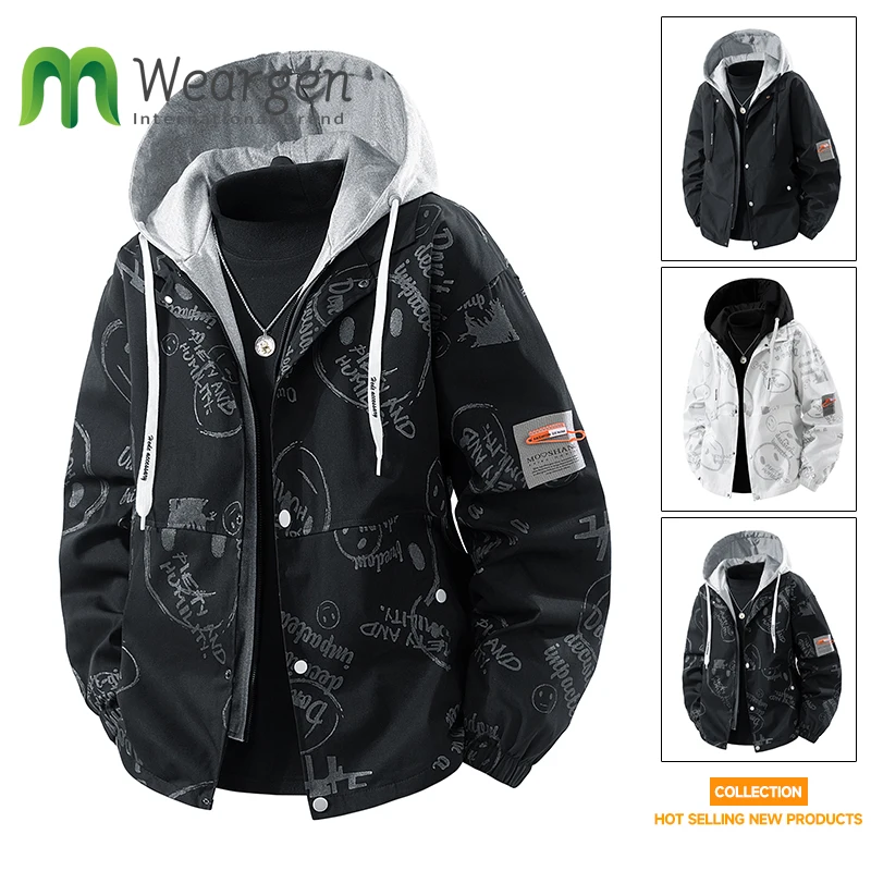 Spring Autumn Hat Jacket Men's Fake Two-Piece Smiling Print Hooded Handsome Versatile Top Men's Trendy Brand Jacket 8911
Spring Autumn Hat Jacket Men's Fake Two-Piece Smiling Print Hooded Handsome Versatile Top Men's Trendy Brand Jacket 8911