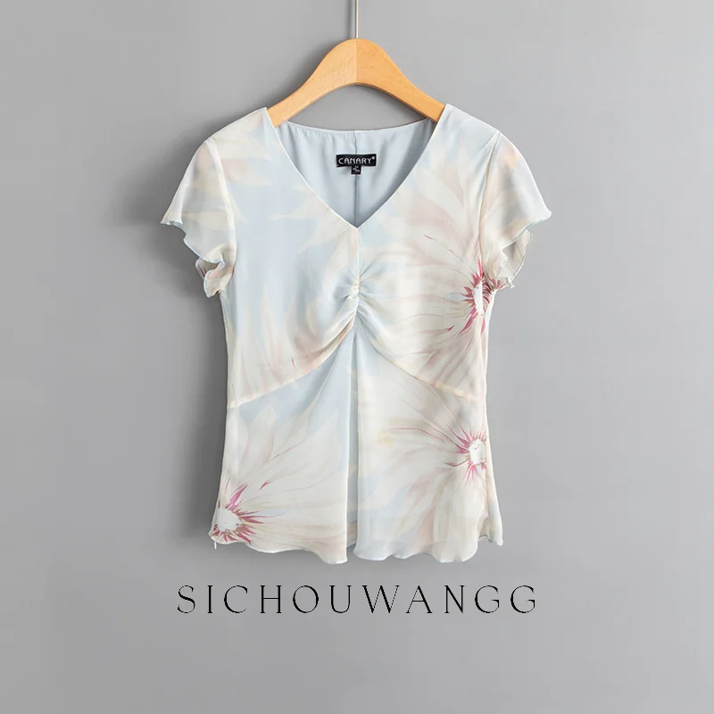 New silk short sleeved top, mulberry T-shirt, women's printed V-neck, ruffle sleeves, loose fit, slimming
New silk short sleeved top, mulberry T-shirt, women's printed V-neck, ruffle sleeves, loose fit, slimming