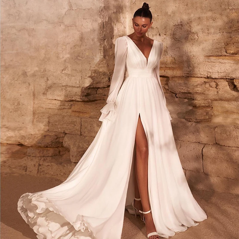 Eightree White Chiffon Wedding Dresses V-Neck Puff Sleeve A-Line Bridal Dress Formal Wedding Evening Prom Ball Gowns Custom Size
Eightree White Chiffon Wedding Dresses V-Neck Puff Sleeve A-Line Bridal Dress Formal Wedding Evening Prom Ball Gowns Custom Size