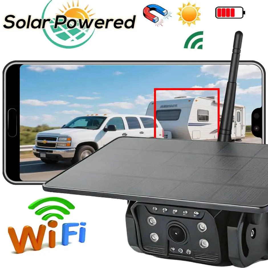 HD Solar Wireless Backup Camera with Magnetic Mount AI Alarm.Front/Rear View for Truck, Bus, RV. Lorry with IPhone Android APP