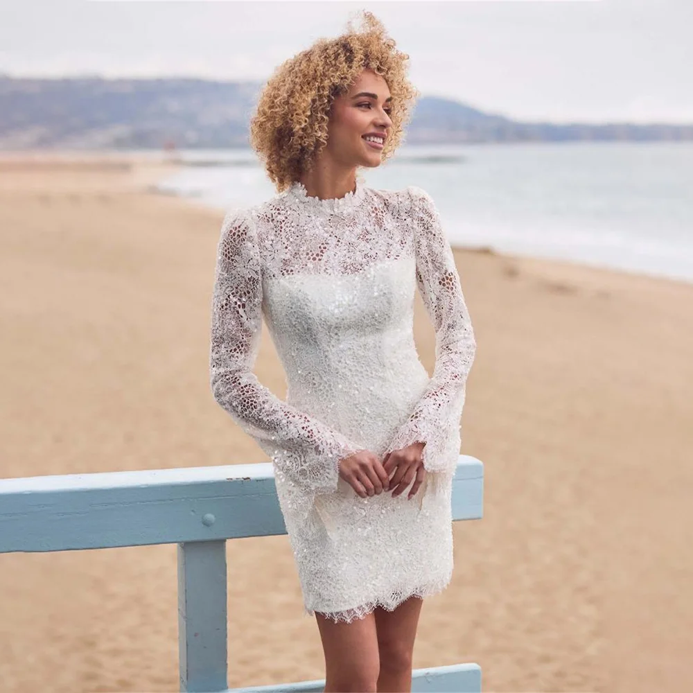 Beautiful high Neck Full Sleeves Full Lace Short Sheath Wedding Dresses Cut Back Bridal Grown Vestido De Noival
Beautiful high Neck Full Sleeves Full Lace Short Sheath Wedding Dresses Cut Back Bridal Grown Vestido De Noival