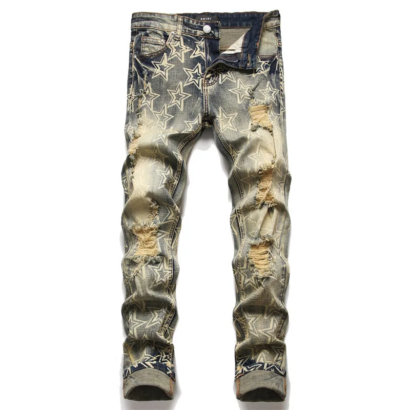 American Retro Printed Jeans Men's Ripped Street Trend Stretch Slim Fit Skinny Pants High-End Motorcycle Men's Clothing
American Retro Printed Jeans Men's Ripped Street Trend Stretch Slim Fit Skinny Pants High-End Motorcycle Men's Clothing