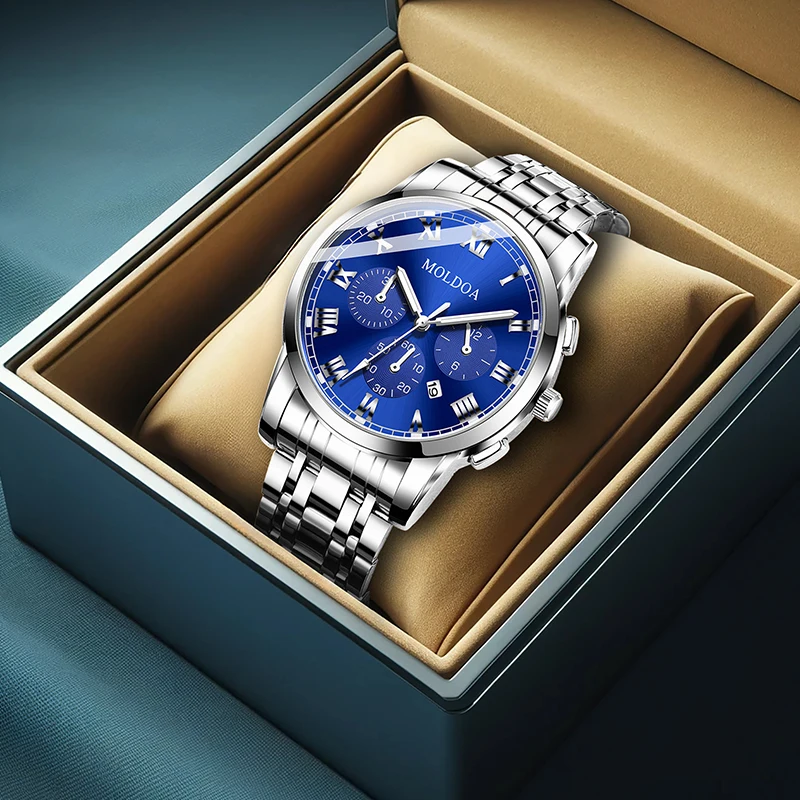 Мужские серебристо-синие классические роскошные креативные кварцевые часы с тремя циферблатами и календарем из нержавеющей стали.
Мужские серебристо-синие классические роскошные креативные кварцевые часы с тремя циферблатами и календарем из нержавеющей стали.