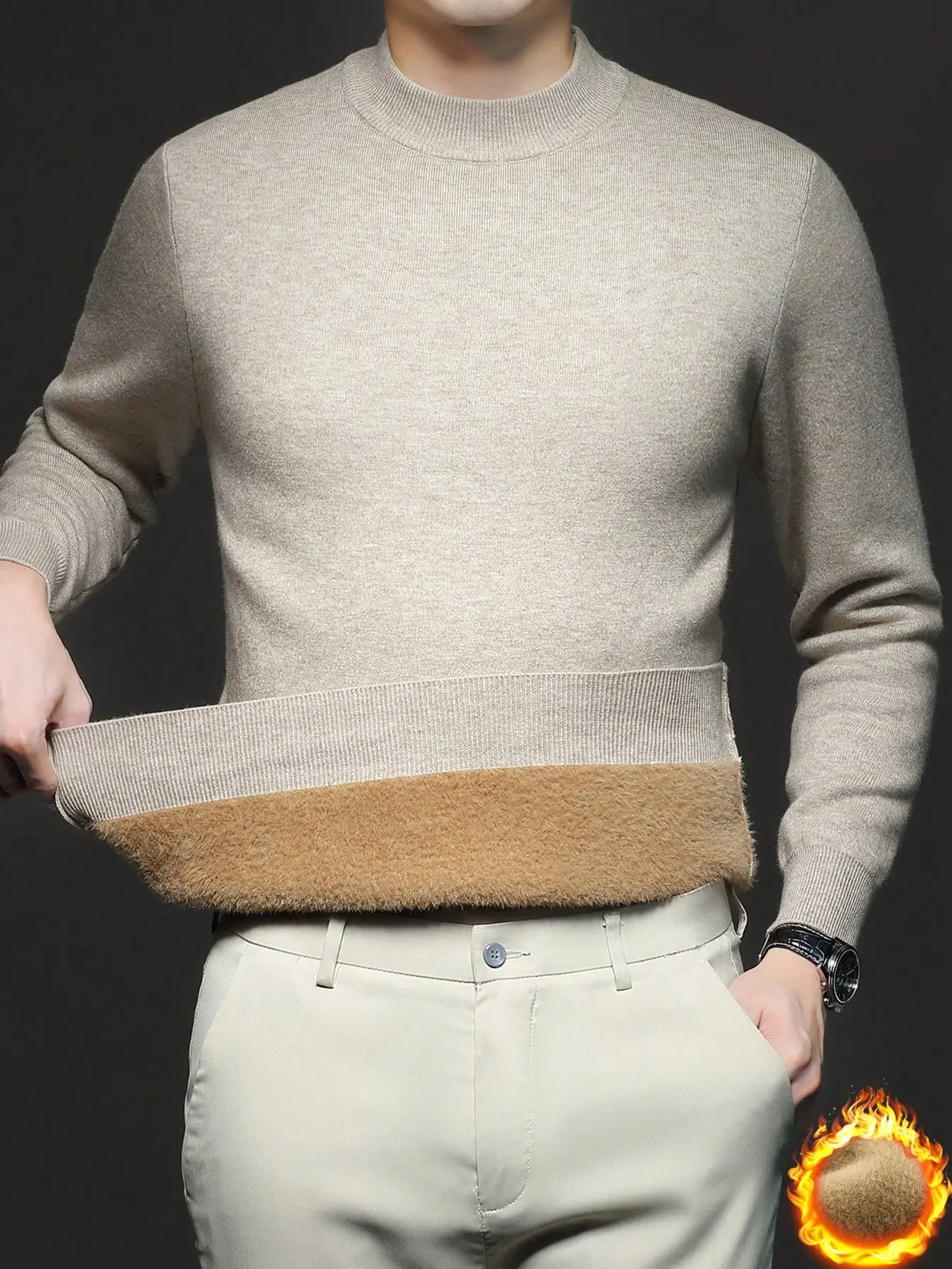 Мужской бежевый вязаный свитер с круглым вырезом и длинными рукавами, с флисовой подкладкой для зимы
Мужской бежевый вязаный свитер с круглым вырезом и длинными рукавами, с флисовой подкладкой для зимы