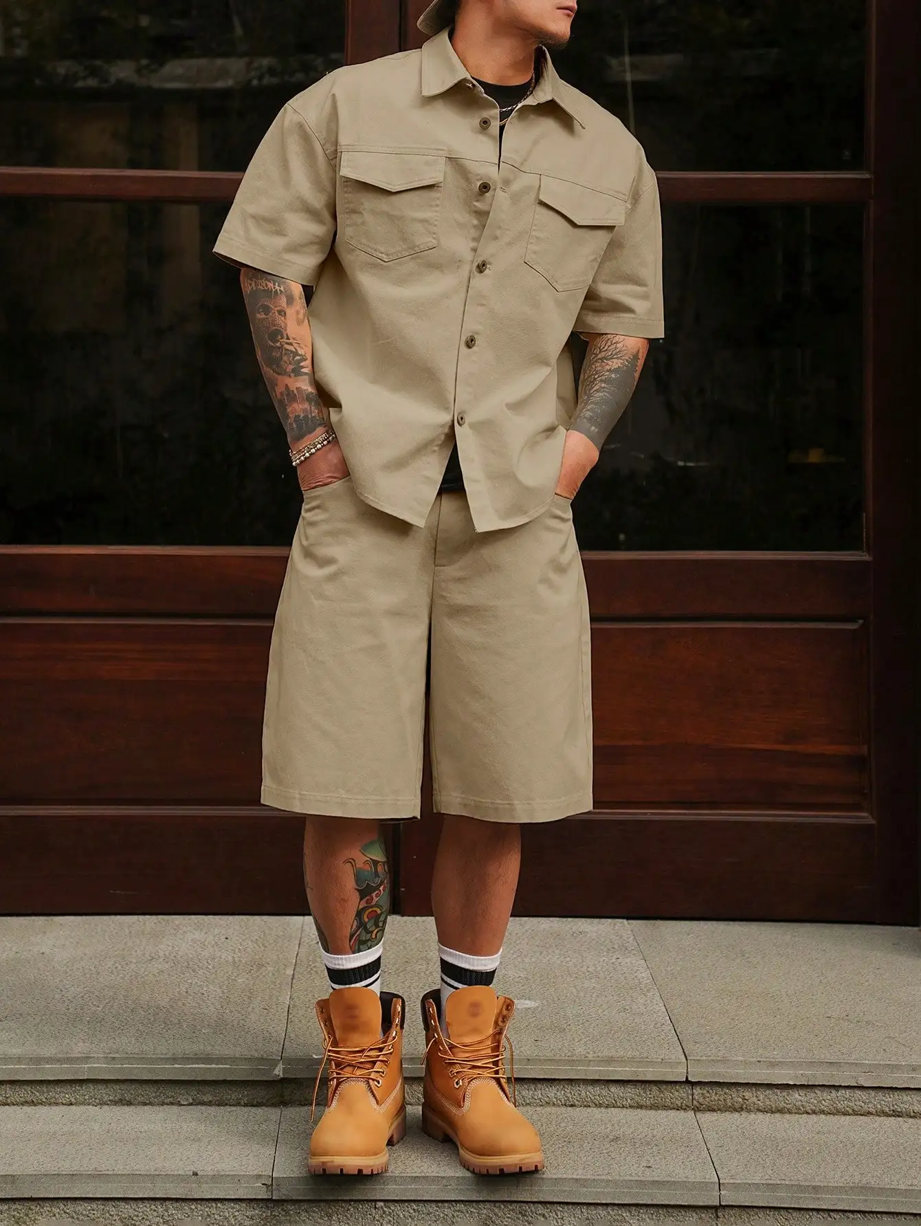 DAZY Men's Solid Color Shirt Set, Spring/Summer Workwear Short Sleeve Shirt & Shorts 2-Piece Set
DAZY Men's Solid Color Shirt Set, Spring/Summer Workwear Short Sleeve Shirt & Shorts 2-Piece Set
