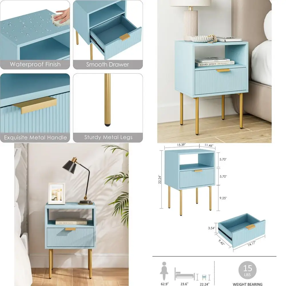 Современная прикроватная тумбочка с золотой рамой, синим ящиком и полкой, для спальни и гостиной
Современная прикроватная тумбочка с золотой рамой, синим ящиком и полкой, для спальни и гостиной