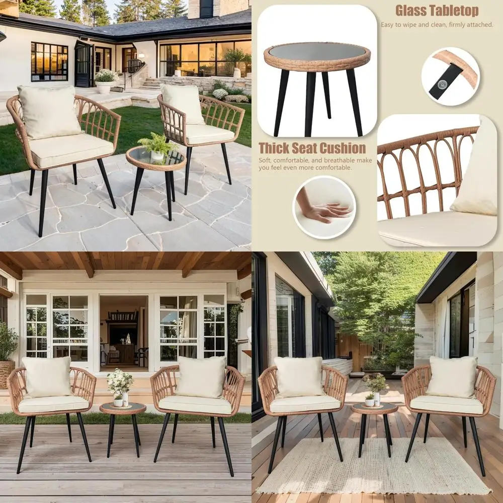 3 Piece Patio Bistro Set,Outdoor Rattan Furniture,All-Weather Patio Furniture Set with 2 Chairs and 1 Glass Table for Balcony, P
3 Piece Patio Bistro Set,Outdoor Rattan Furniture,All-Weather Patio Furniture Set with 2 Chairs and 1 Glass Table for Balcony, P