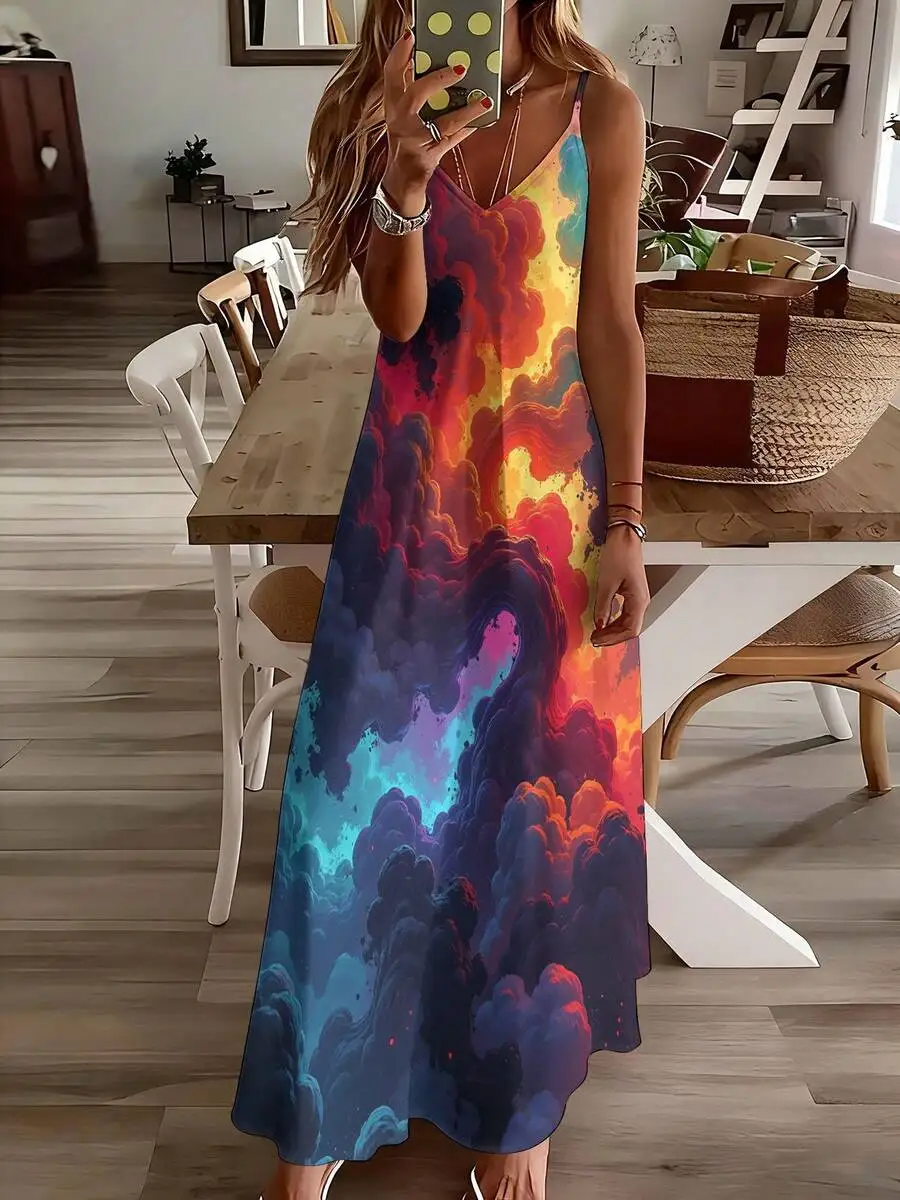 Womens V-Neck Spaghetti Strap Maxi Dress With Vibrant Clouds Sky Rainbow Print
Womens V-Neck Spaghetti Strap Maxi Dress With Vibrant Clouds Sky Rainbow Print