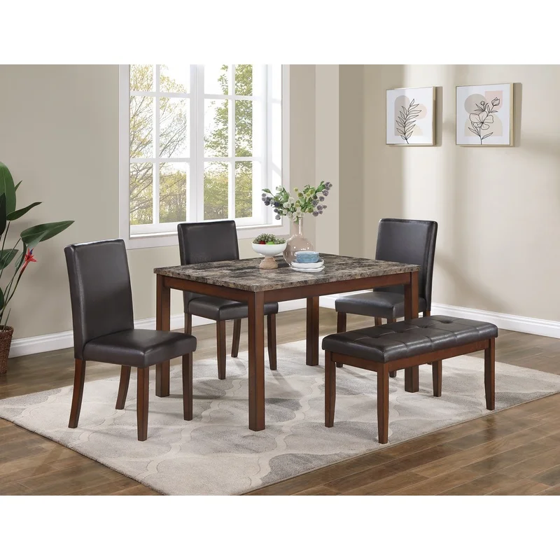 Espresso Finish 5-Piece Dining Set with Faux Marble Table, Bench and 3 Chairs, Faux Leather Seats
Espresso Finish 5-Piece Dining Set with Faux Marble Table, Bench and 3 Chairs, Faux Leather Seats