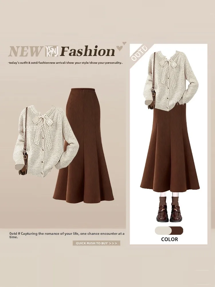 Elegant Knitted Open Cardigan High Waist Fish Tail Skirt Set Women's Autumn Winter Gentle Maturity Two Piece Set
Elegant Knitted Open Cardigan High Waist Fish Tail Skirt Set Women's Autumn Winter Gentle Maturity Two Piece Set