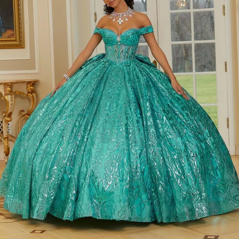 Mint Green Shiny Quinceanera Dresses Off The Shoulder Princess Beads Crystal Bow Tull Sweet 16 Birthday Party Gown Vestido De 15
Mint Green Shiny Quinceanera Dresses Off The Shoulder Princess Beads Crystal Bow Tull Sweet 16 Birthday Party Gown Vestido De 15