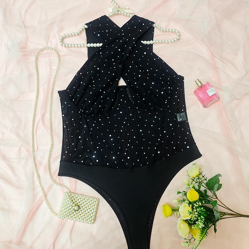Women Mesh Black Bodysuit Tops Hot Sexy Cross Hollow Out Romper See Through One Pieces Jumpsuit Backless Bodycon Onesie
Women Mesh Black Bodysuit Tops Hot Sexy Cross Hollow Out Romper See Through One Pieces Jumpsuit Backless Bodycon Onesie