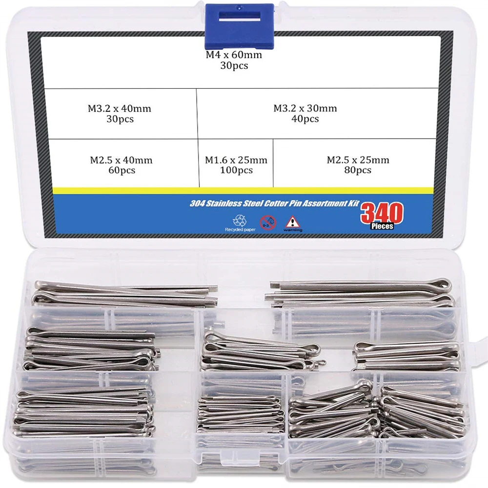 340PCS 304 Stainless Steel Cotter Pin Clip Key Fastner Fitting Assortment Kit for Automotive, Mechanics, Small Engine Repair
340PCS 304 Stainless Steel Cotter Pin Clip Key Fastner Fitting Assortment Kit for Automotive, Mechanics, Small Engine Repair