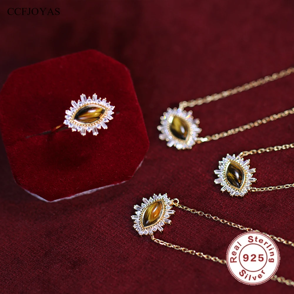 CCFJOYAS 100% 925 Sterling Silver Tiger Eye Stone Devil Eye's Pendant Necklace Ring Set Retro Palace Wedding Fine Jewelry Set
CCFJOYAS 100% 925 Sterling Silver Tiger Eye Stone Devil Eye's Pendant Necklace Ring Set Retro Palace Wedding Fine Jewelry Set
