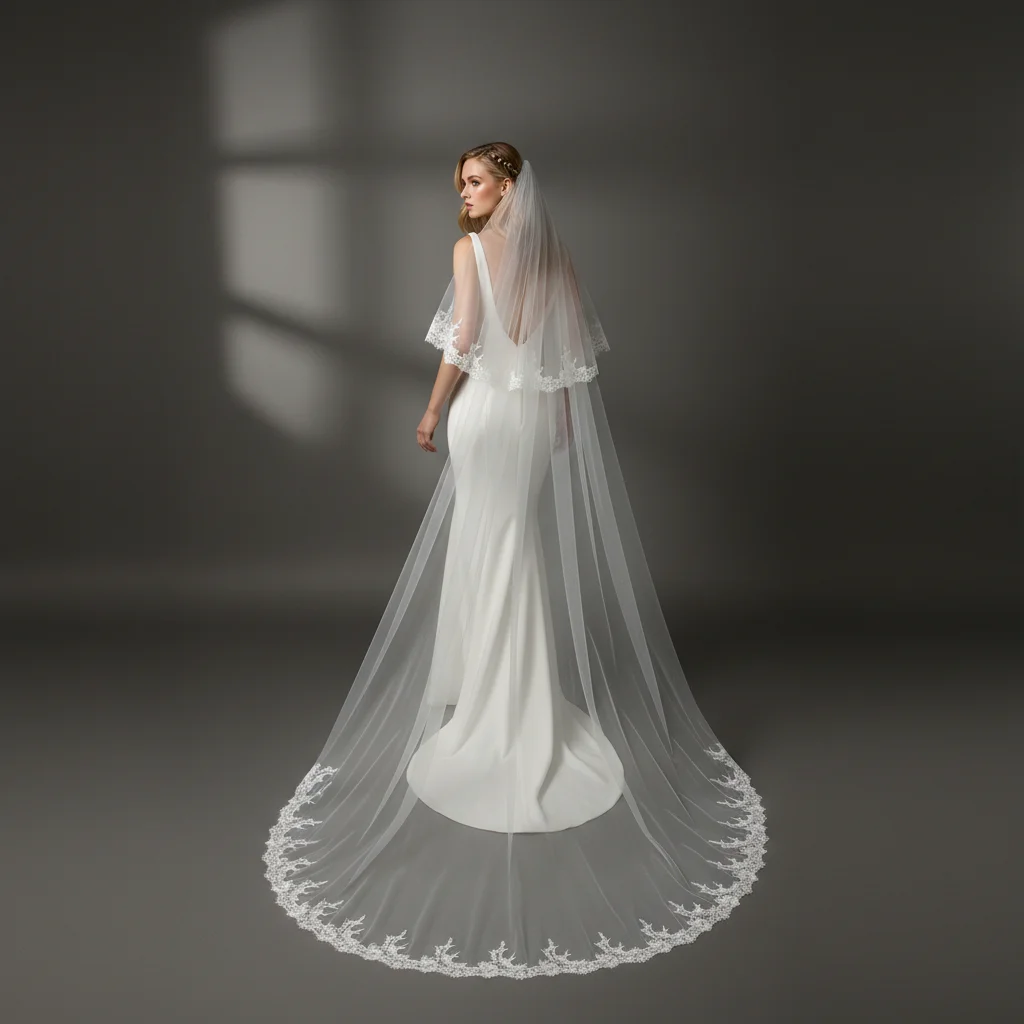 Изысканная свадебная фата из тюля с кружевной отделкой, длинная, в стиле катахедральный фасон, G112
Изысканная свадебная фата из тюля с кружевной отделкой, длинная, в стиле катахедральный фасон, G112