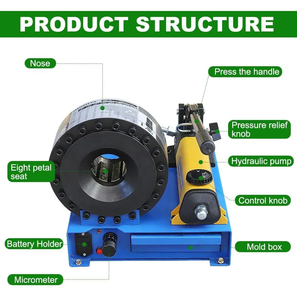 Hose Crimper with 8 Sets of Dies High Pressure Hydraulic Hose Crimping Handheld Hydraulic Hose Crimping Tool (Hose Crimper)
Hose Crimper with 8 Sets of Dies High Pressure Hydraulic Hose Crimping Handheld Hydraulic Hose Crimping Tool (Hose Crimper)