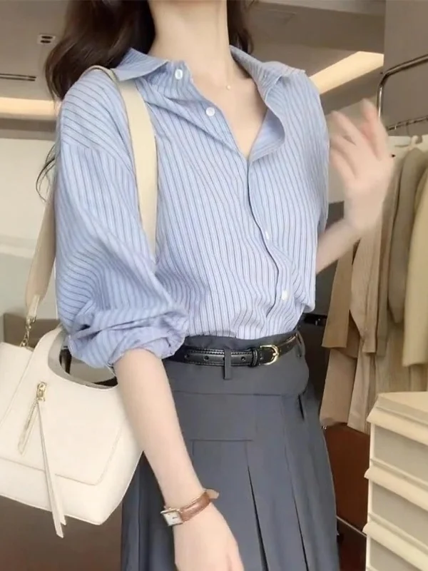 Korean Style Long Sleeve Blue Striped Sun Protection Shirt Women's Summer Outerwear Open Cardigan Top Elegant Professional Shirt
Korean Style Long Sleeve Blue Striped Sun Protection Shirt Women's Summer Outerwear Open Cardigan Top Elegant Professional Shirt