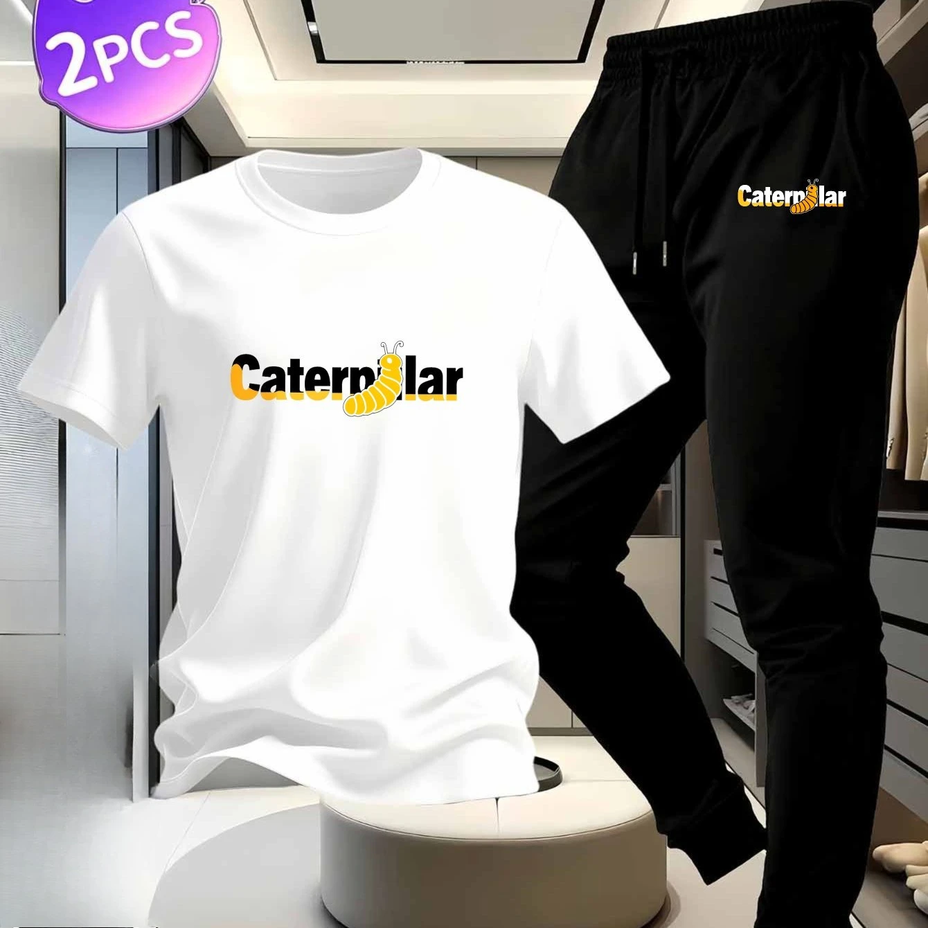 Couple Set: White Cotton Short Sleeve T-Shirt & Black Long Pants with Caterpillar Print & Letter Design Casual Sports Loungewear
Couple Set: White Cotton Short Sleeve T-Shirt & Black Long Pants with Caterpillar Print & Letter Design Casual Sports Loungewear