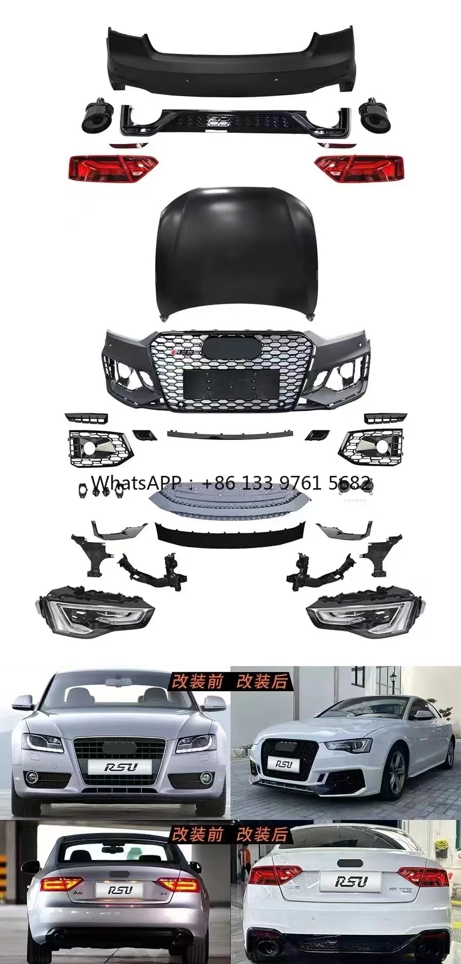 AUTO PARTS FRONT BUMPER BODY KIT for A5 Upgraded to RS5 FRONT FACE ASSEMBLY with Two Headlights High Quality Body Kits
AUTO PARTS FRONT BUMPER BODY KIT for A5 Upgraded to RS5 FRONT FACE ASSEMBLY with Two Headlights High Quality Body Kits