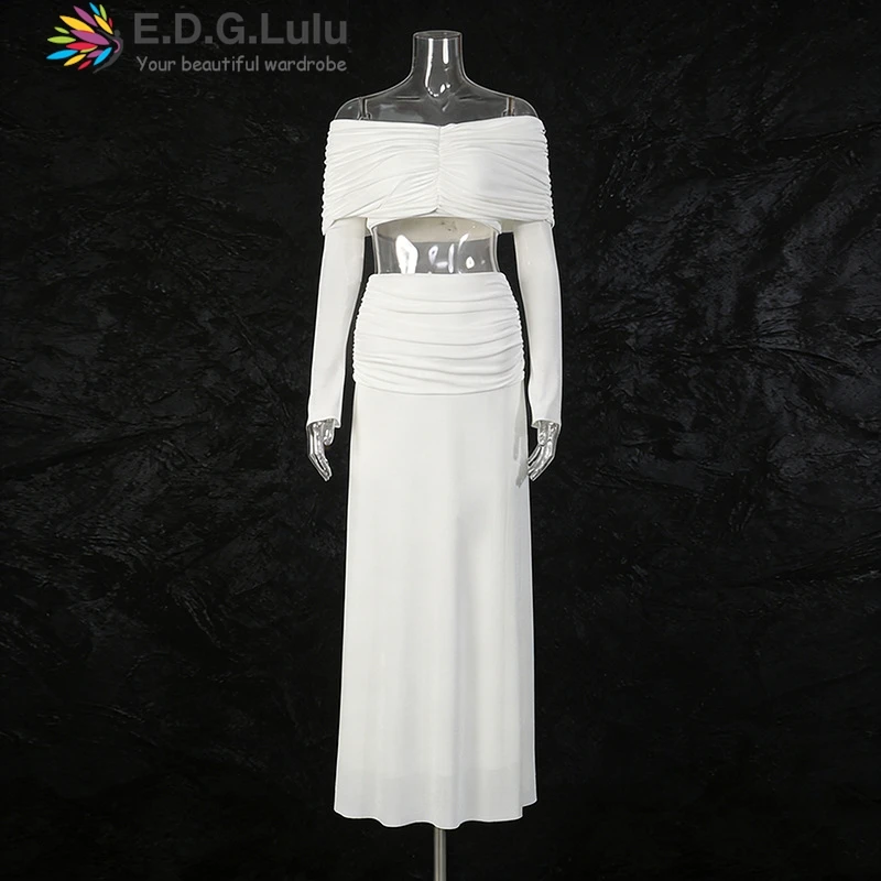 EDGLuLu New Two Piece Set Square Collar Off Shoulder Long Sleeved Short Top+High Waisted Pleated Long Skirt White Suit 0122
EDGLuLu New Two Piece Set Square Collar Off Shoulder Long Sleeved Short Top+High Waisted Pleated Long Skirt White Suit 0122