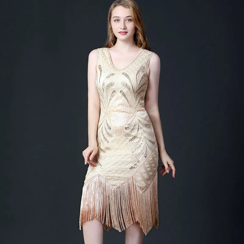Women 1920s Vintage Tassel Latin Dance Dress V-Neck Sleeveless Sequin Dance Costumes for Women Champagne Performance Costume
Women 1920s Vintage Tassel Latin Dance Dress V-Neck Sleeveless Sequin Dance Costumes for Women Champagne Performance Costume