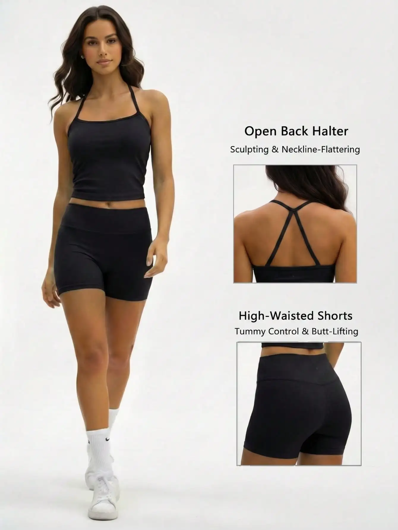 Women's Black Ribbed Open Back Halter Top & High Waisted Tummy Control Butt Lifting Biker Shorts 2 Piece Workout Set
Women's Black Ribbed Open Back Halter Top & High Waisted Tummy Control Butt Lifting Biker Shorts 2 Piece Workout Set