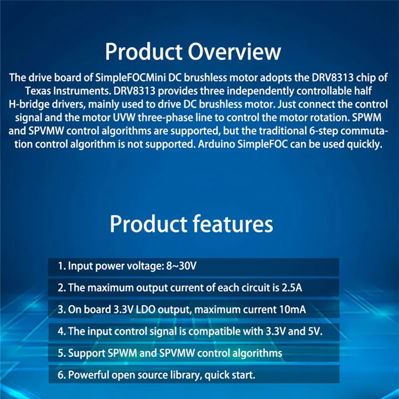 Simplefocmini Бесщеточный двигатель постоянного тока Плата драйвера управления FOC Драйвер управления SVPWM Алгоритм управления Модуль платы драйвера Простой в использовании
Simplefocmini Бесщеточный двигатель постоянного тока Плата драйвера управления FOC Драйвер управления SVPWM Алгоритм управления Модуль платы драйвера Простой в использовании