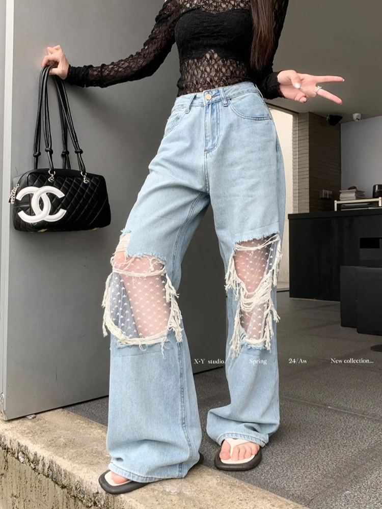 Lace Spliced Ripped Jeans Female Vintage Fashion Loose Wide-leg Denim Trousers Casual Lazy Chic Light Blue Straight Pants Mujer
Lace Spliced Ripped Jeans Female Vintage Fashion Loose Wide-leg Denim Trousers Casual Lazy Chic Light Blue Straight Pants Mujer