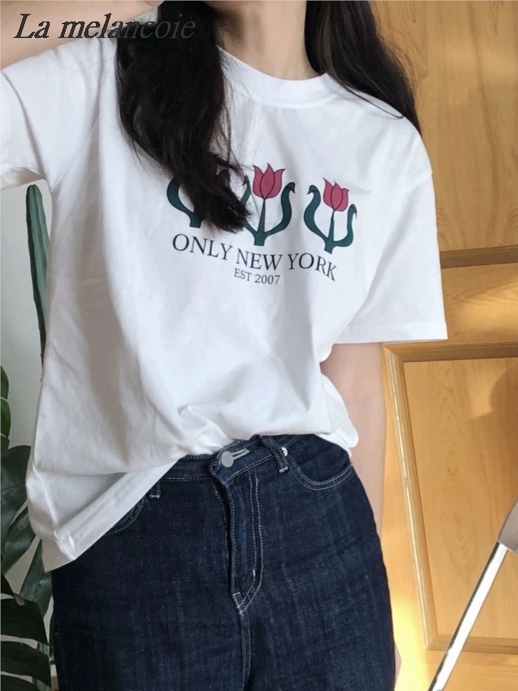 Flowers Printed T-Shirts Woman Summer 2024 New Korean Letters Cotton T-shirt Fashion Casual Loose Short Sleeve O-Neck Tee Tops
Flowers Printed T-Shirts Woman Summer 2024 New Korean Letters Cotton T-shirt Fashion Casual Loose Short Sleeve O-Neck Tee Tops