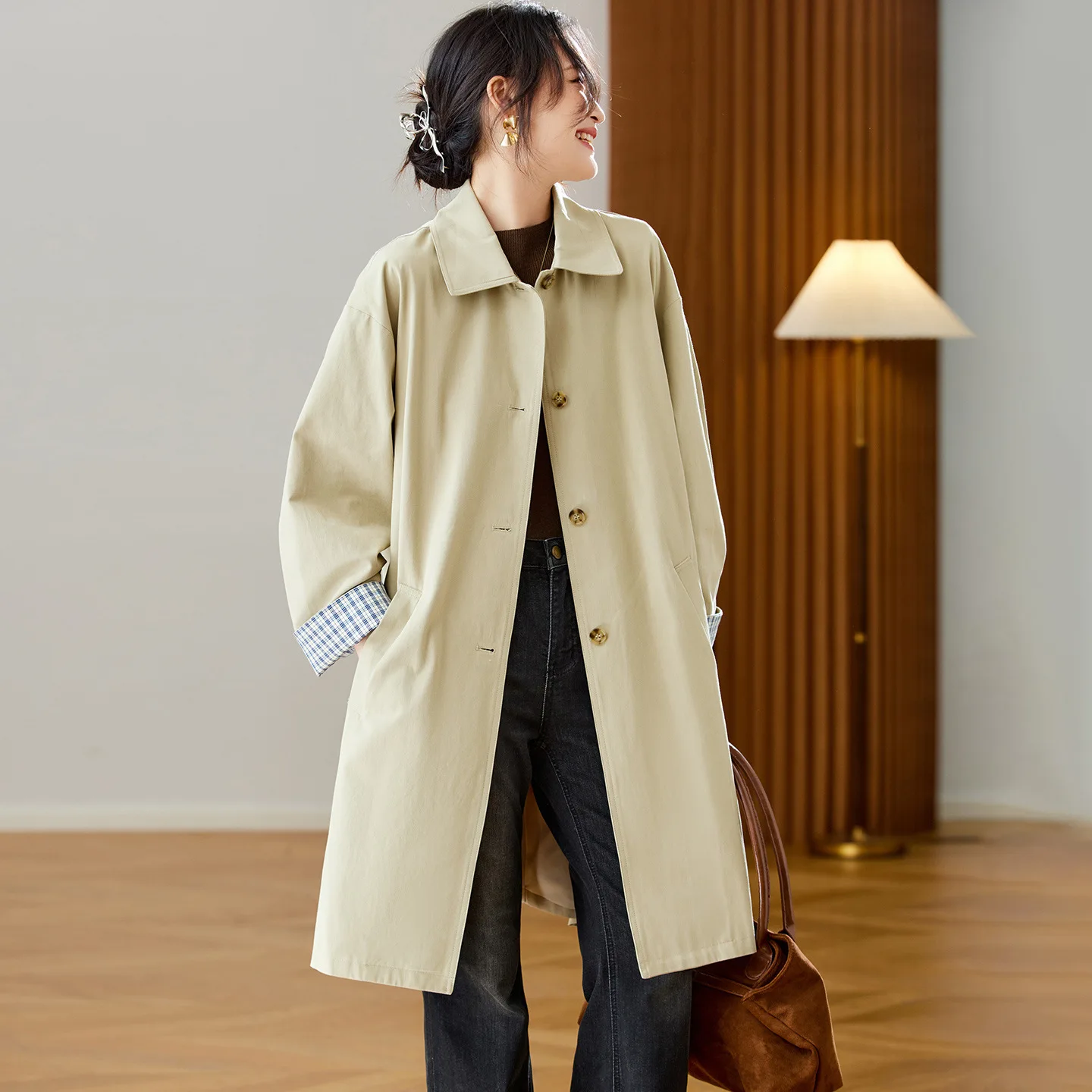 Khaki Color Women's Mid-Length Coat Briti Sle Artistic Retro Outerwear Cotton on Autumn Winter Faion Ladies Coat
Khaki Color Women's Mid-Length Coat Briti Sle Artistic Retro Outerwear Cotton on Autumn Winter Faion Ladies Coat