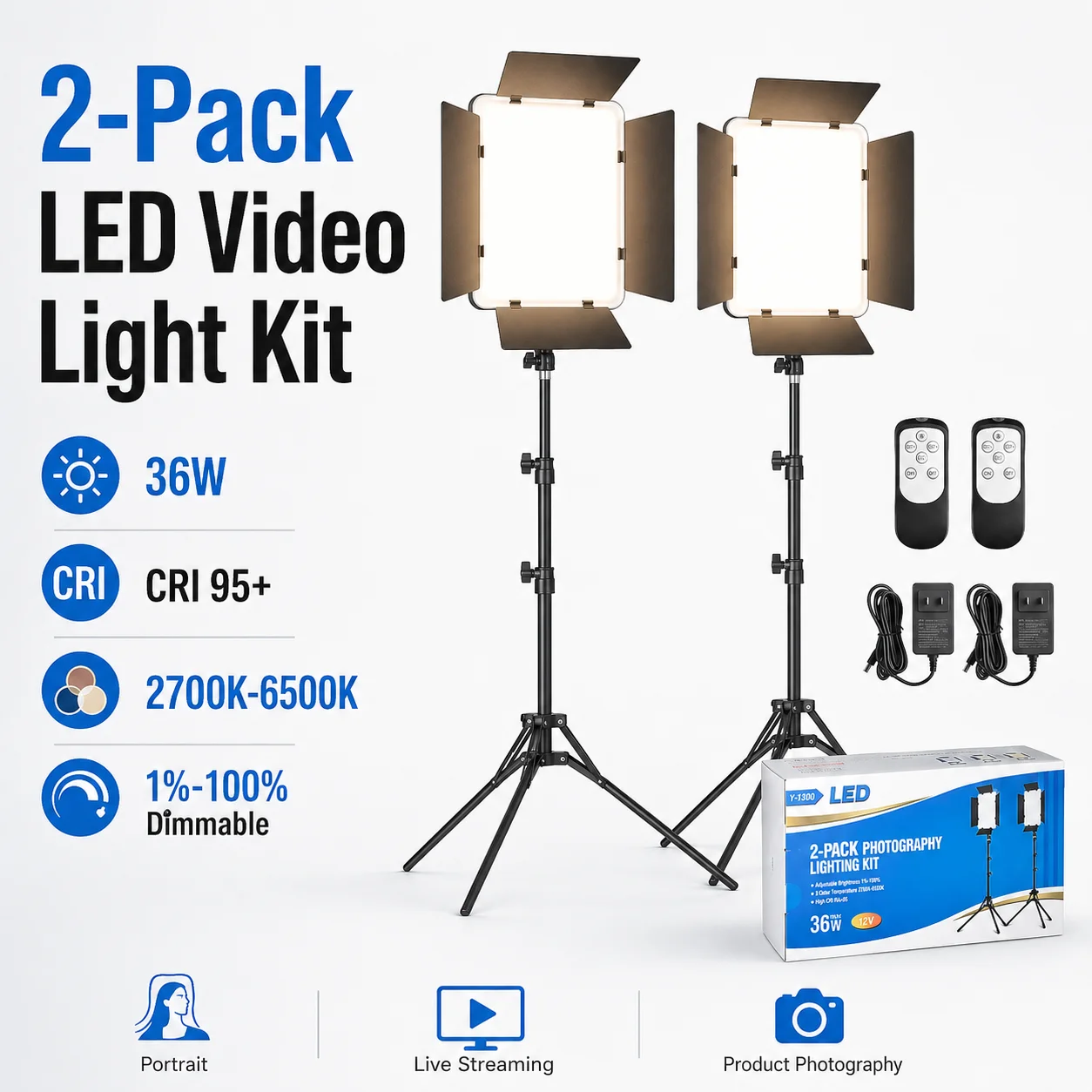 2-Pack 36W Bi-Color LED Photography Lighting Kit 2700K-6500K CRI95+ Dimmable Studio Video Lights with Remote Control 72in Tripod
2-Pack 36W Bi-Color LED Photography Lighting Kit 2700K-6500K CRI95+ Dimmable Studio Video Lights with Remote Control 72in Tripod