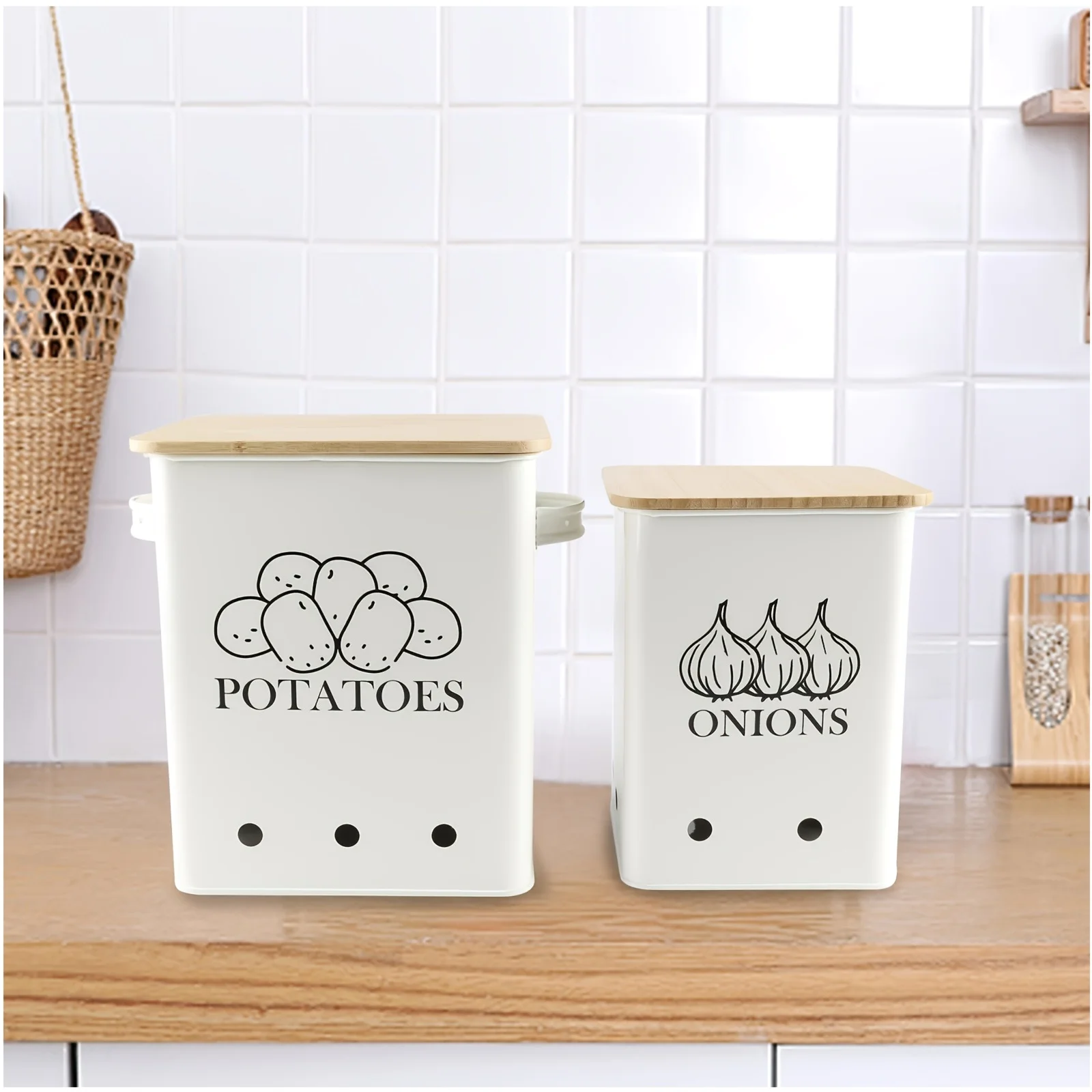 Aerated Kitchen Storage Canister for Potatoes, Onions & Fruits – Black Tin Bin with Ventilation Holes & Natural Wood Lid, Compact Countertop Organizer for Fresh Produce Storage
Aerated Kitchen Storage Canister for Potatoes, Onions & Fruits – Black Tin Bin with Ventilation Holes & Natural Wood Lid, Compact Countertop Organizer for Fresh Produce Storage