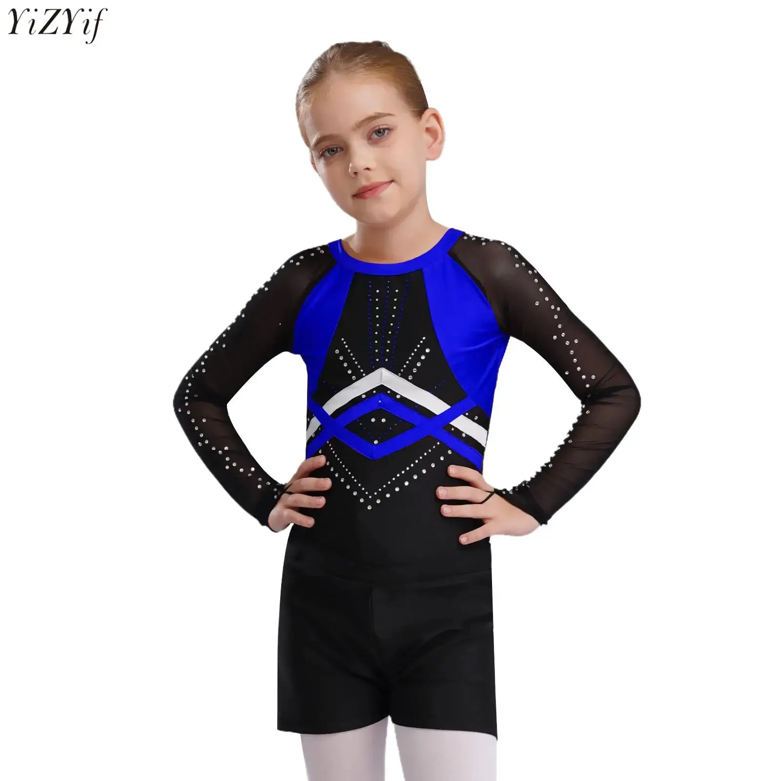 Kids Girls Gymnastics Leotard Outfit Sheer Mesh Long Sleeve Color Block Patchwork Shiny Rhinestones Leotard+Shorts+Headwear Set
Kids Girls Gymnastics Leotard Outfit Sheer Mesh Long Sleeve Color Block Patchwork Shiny Rhinestones Leotard+Shorts+Headwear Set