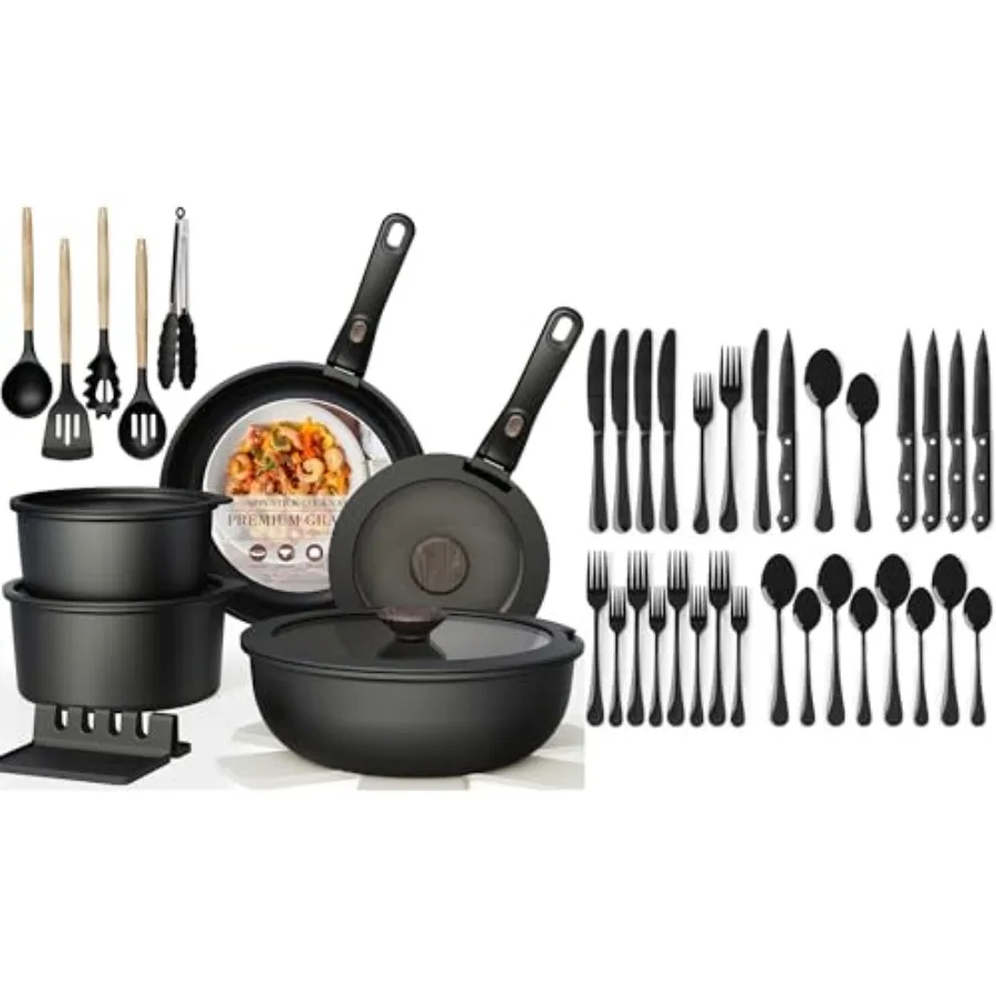 21 Pcs Pots and Pans Set Non Stick with 24 Piece Black Silverware Set with Steak Knives
21 Pcs Pots and Pans Set Non Stick with 24 Piece Black Silverware Set with Steak Knives