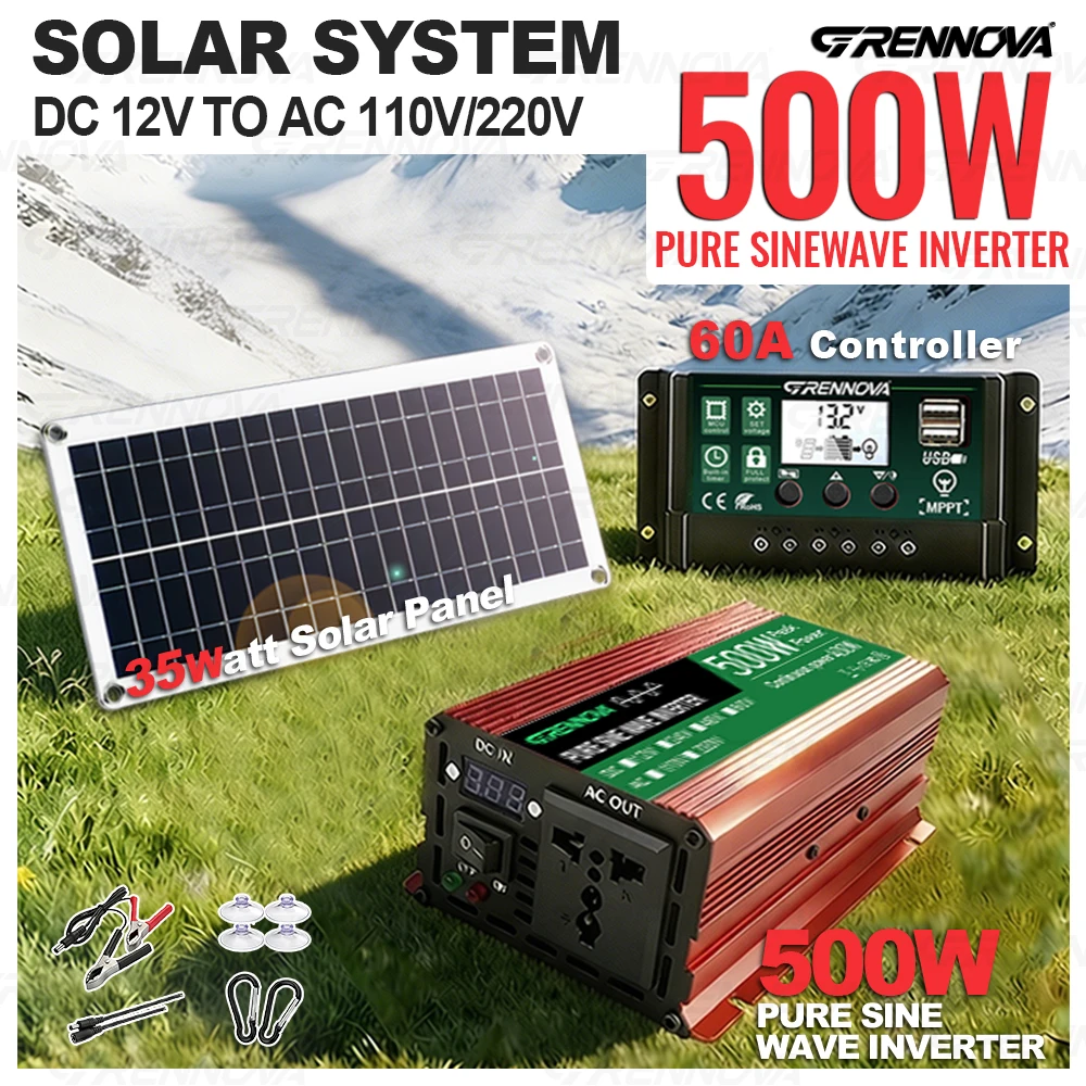 Pure Sine Wave Solar System Kit | 500W Peak (400W Continuous) Inverter 35W Panel 60A Controller DC 12V To AC 110V/220V for Home
Pure Sine Wave Solar System Kit | 500W Peak (400W Continuous) Inverter 35W Panel 60A Controller DC 12V To AC 110V/220V for Home