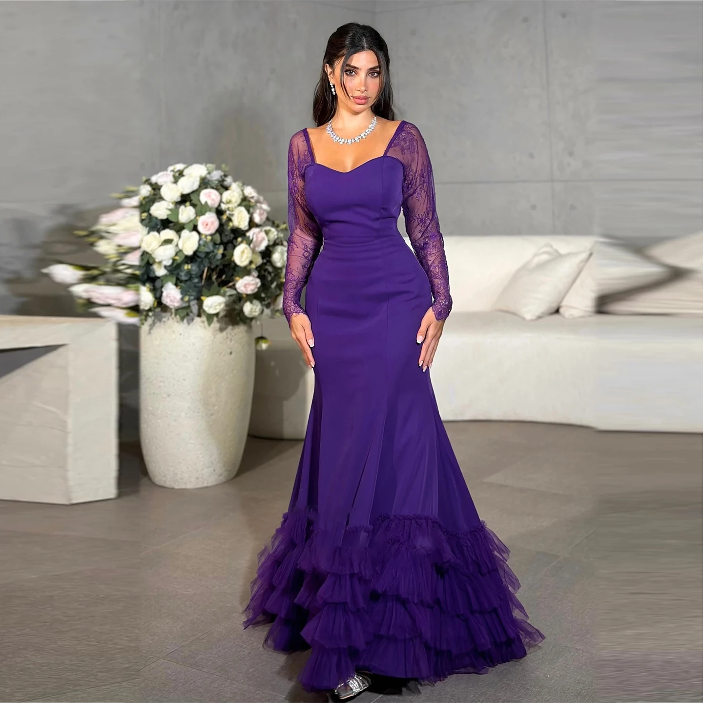 Purple Mermaid Evening Dress With Lace Long Sleeves Sweetheart Neckline Tiered Tulle Ruffle Hem Formal Party Prom Gown
Purple Mermaid Evening Dress With Lace Long Sleeves Sweetheart Neckline Tiered Tulle Ruffle Hem Formal Party Prom Gown