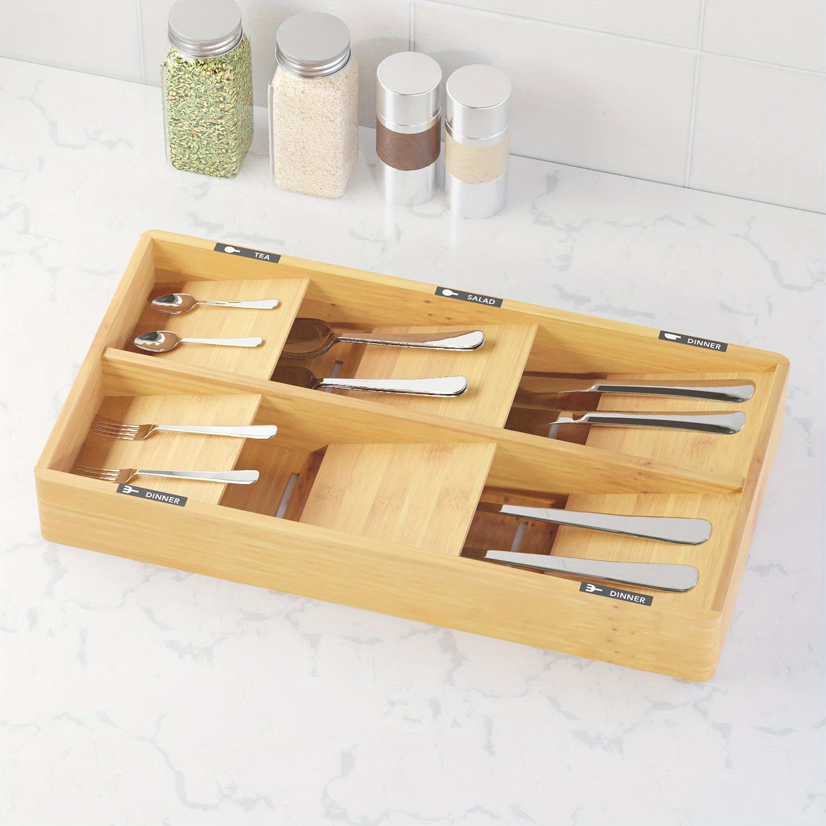 Bamboo Cutlery Drawer Holder with Tags, Kitchen Utensil Tray Organizer for Flatware, Cutlery, Spoons, and Knives Drawer Storage Organization
Bamboo Cutlery Drawer Holder with Tags, Kitchen Utensil Tray Organizer for Flatware, Cutlery, Spoons, and Knives Drawer Storage Organization