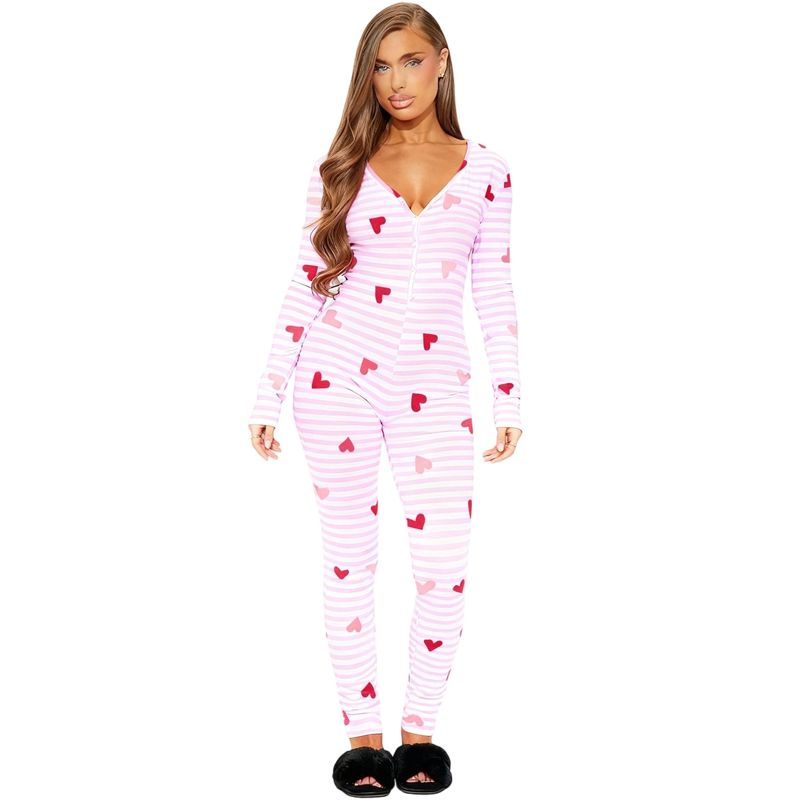 Womens Valentines Jumpsuit Fit Casual Bow Love Heart Print Striped Button Up V Neck Long Sleeve Romper
Womens Valentines Jumpsuit Fit Casual Bow Love Heart Print Striped Button Up V Neck Long Sleeve Romper