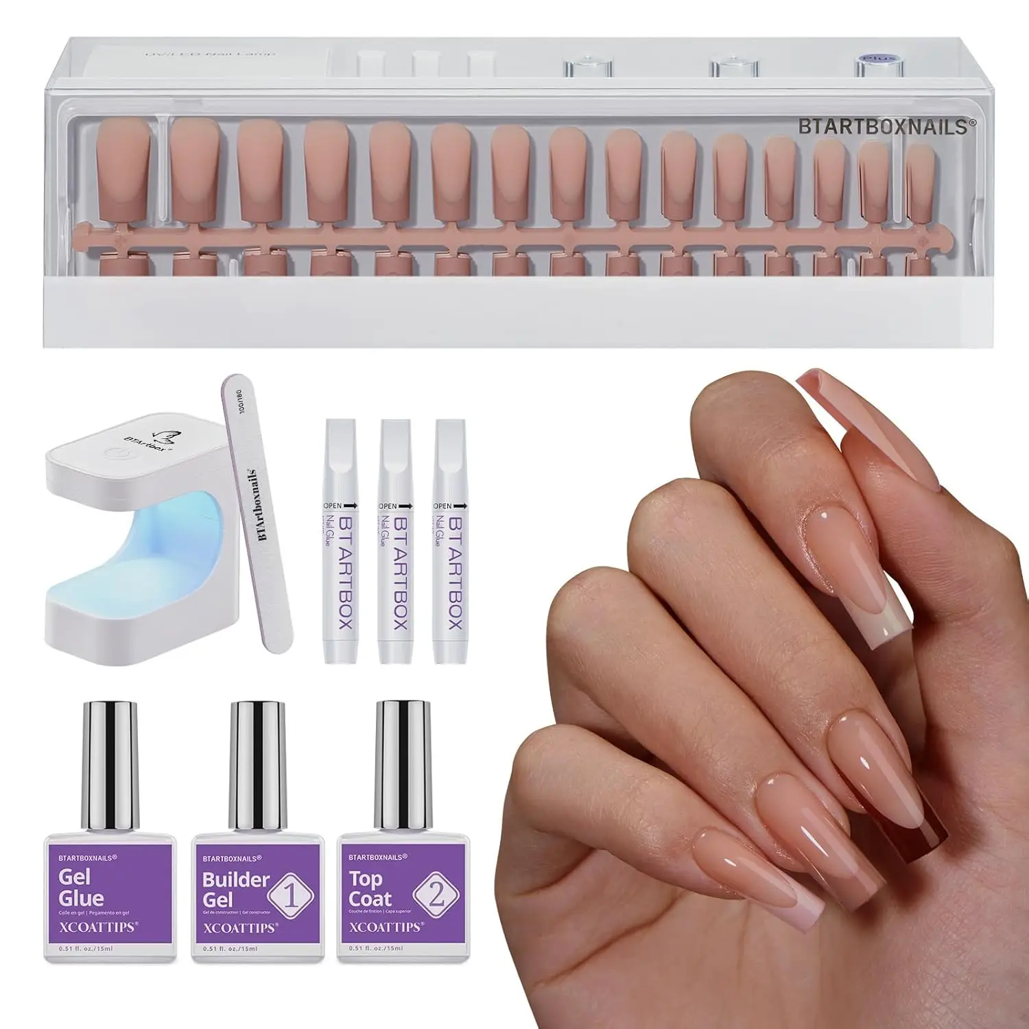 Long Soft Gel Press On Nails Kit with French Tips, Nail Lamp & All-in-One Extension Set for DIY Manicures
Long Soft Gel Press On Nails Kit with French Tips, Nail Lamp & All-in-One Extension Set for DIY Manicures