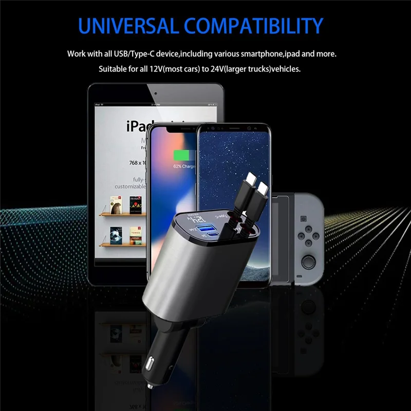 Быстрое зарядное устройство 4-в-1, автомобильное зарядное устройство с двумя кабелями типа C и 2 портами зарядки с дисплеем напряжения-N33R
Быстрое зарядное устройство 4-в-1, автомобильное зарядное устройство с двумя кабелями типа C и 2 портами зарядки с дисплеем напряжения-N33R