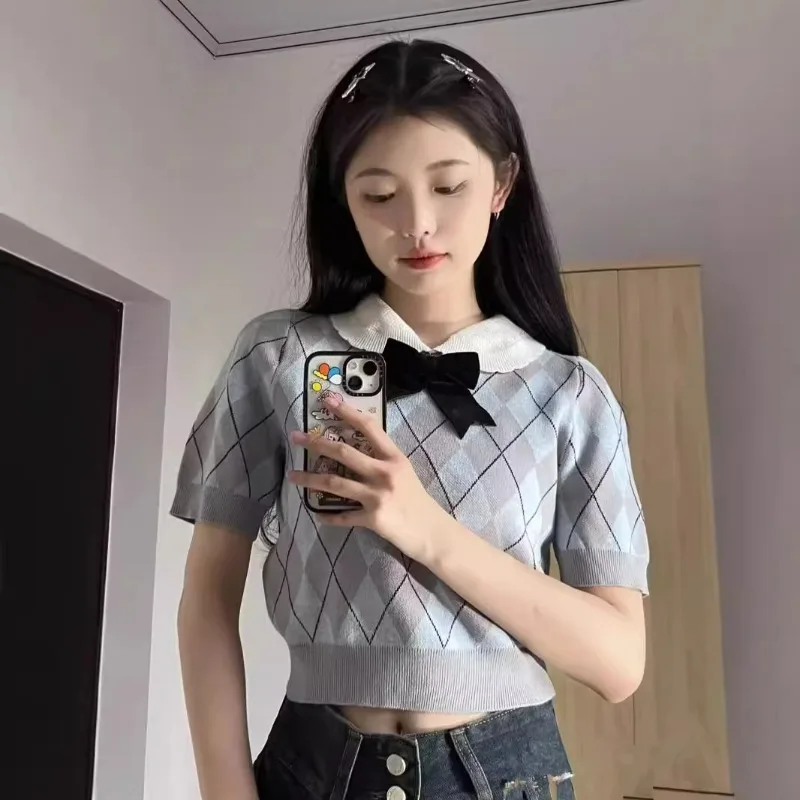 Knitwear Summer New Sle Casual Fashion Doll Collar Short Sleeve T-Shirt Women's Trendy Bow Korean Pullover Sexy Crop Tops B54
Knitwear Summer New Sle Casual Fashion Doll Collar Short Sleeve T-Shirt Women's Trendy Bow Korean Pullover Sexy Crop Tops B54