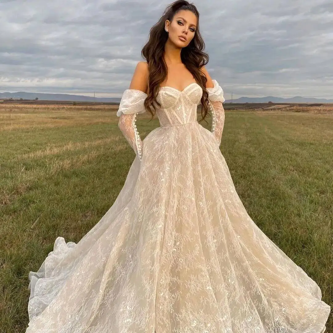 Lace Stunning Long Sleeves Wedding Dresses Off The Shoulder Sweetheart Neck A Bridal Gowns Sweep Train Robe De Mari E 
Lace Stunning Long Sleeves Wedding Dresses Off The Shoulder Sweetheart Neck A Bridal Gowns Sweep Train Robe De Mari E