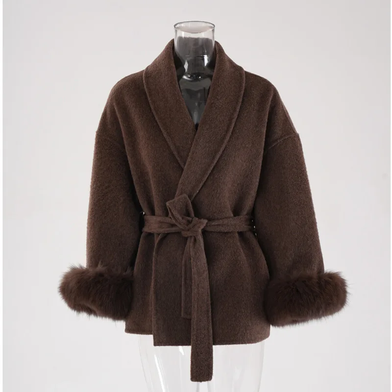 UCXQ Elegant OL Office Lady Overcoats Fur Patchwork Long Sleeve Woolen Coat Beautiful Women's Clothing Jacket Autumn 2025 Winter 30 S31c99b88b1634187863eff1a558846b9t