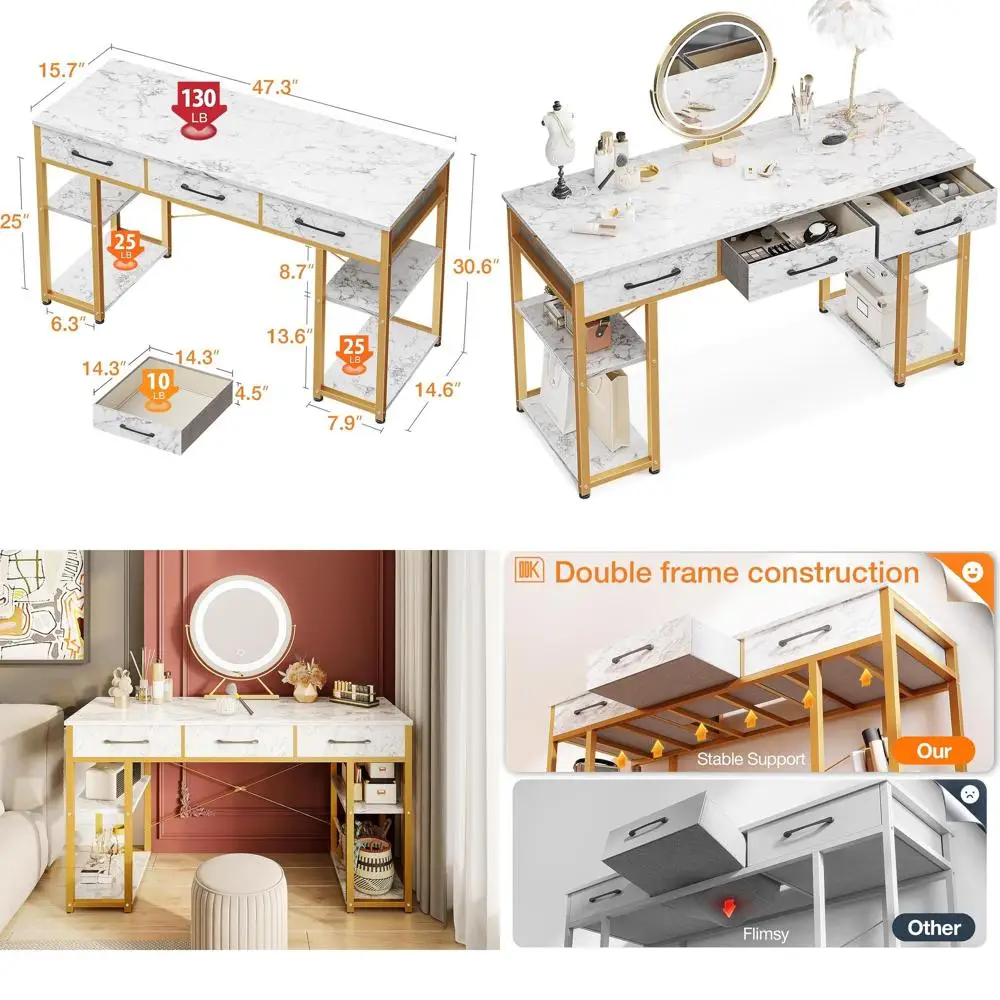 Современный бело-золотой туалетный столик с 3 тканевыми ящиками, полками для хранения вещей, столиком для макияжа, небольшим письменным столом для спальни, 48x16 (Мир)
Современный бело-золотой туалетный столик с 3 тканевыми ящиками, полками для хранения вещей, столиком для макияжа, небольшим письменным столом для спальни, 48x16 (Мир)
