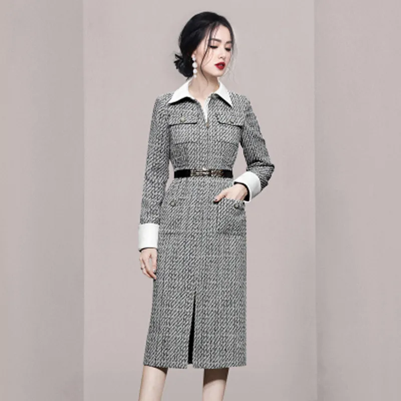 Women Elegant Vintage Woolen Dress Fashion Color Matching Shirt Lapel 2022 New Winter Long Sleeve Tweed Dresses With Belt
Women Elegant Vintage Woolen Dress Fashion Color Matching Shirt Lapel 2022 New Winter Long Sleeve Tweed Dresses With Belt