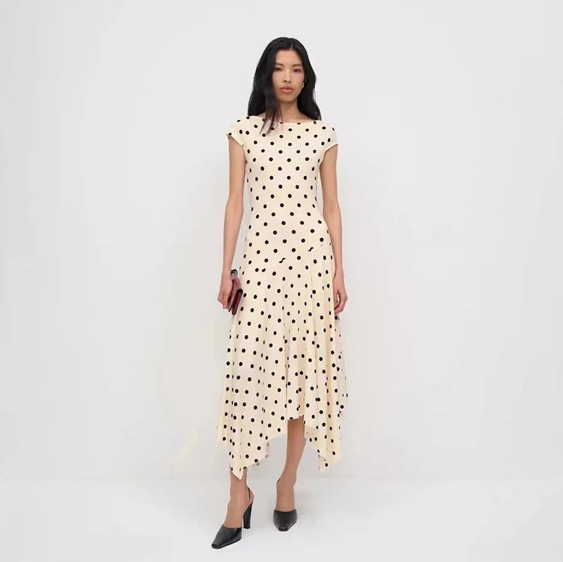 Slim Fit Summer Dress Women's Black White Polka Dot Short Sleeve round Neck Long Dress Asymmetrical Hemline Midi Dress
Slim Fit Summer Dress Women's Black White Polka Dot Short Sleeve round Neck Long Dress Asymmetrical Hemline Midi Dress