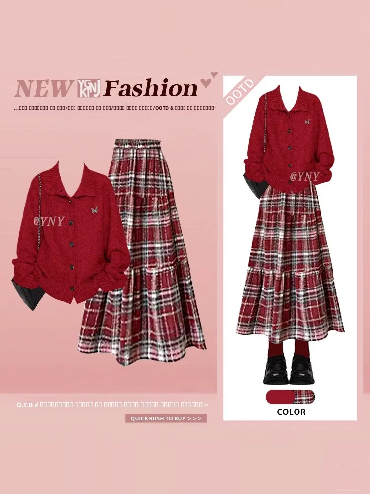 Large Size Winter Outfit Women's Sweet Faionable Knitted Cardigan Plaid Skirt Soft Red Two-Piece Set High Waist Midi S...
Large Size Winter Outfit Women's Sweet Faionable Knitted Cardigan Plaid Skirt Soft Red Two-Piece Set High Waist Midi S...