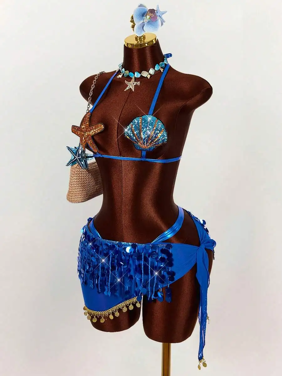 3pcs Women Sea Theme Bikini Set With Shell Starfish Detail And Beaded Skirt For Beach Festival
3pcs Women Sea Theme Bikini Set With Shell Starfish Detail And Beaded Skirt For Beach Festival