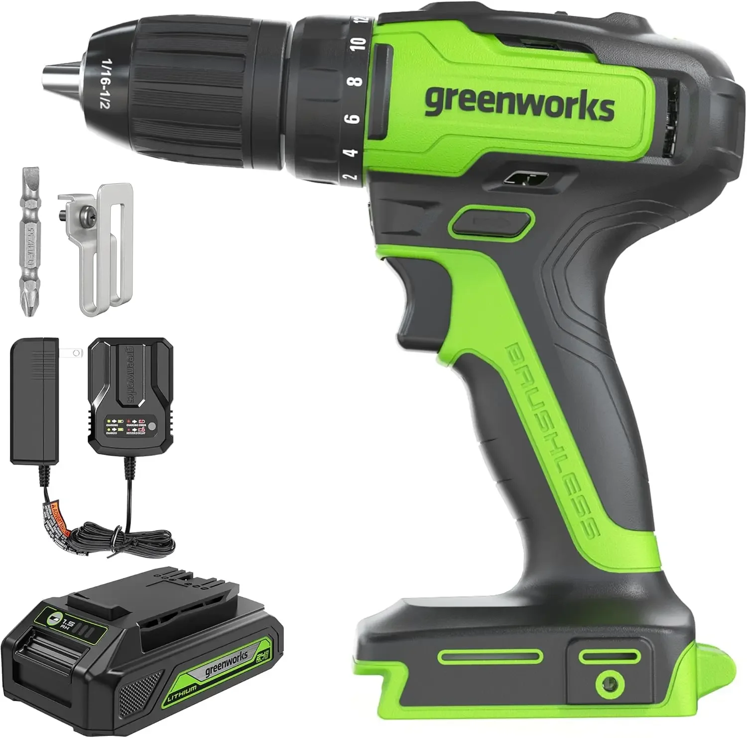 24V Brushless Cordless Drill Kit, 310 in./lbs, 18+1 Position Clutch, 1/2 '' Keyless Chuck, Variable Speed, Battery With 2A Charg
24V Brushless Cordless Drill Kit, 310 in./lbs, 18+1 Position Clutch, 1/2 '' Keyless Chuck, Variable Speed, Battery With 2A Charg