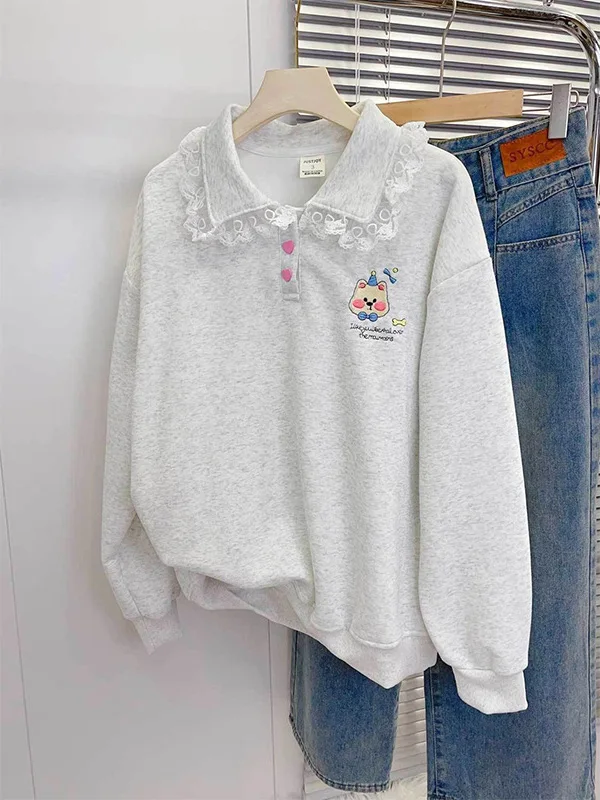 Lace Trim Neck Sweatshirt Women's Thickened Fleece Autumn Winter Outerwear Chic Student Top Coat White Grey
Lace Trim Neck Sweatshirt Women's Thickened Fleece Autumn Winter Outerwear Chic Student Top Coat White Grey